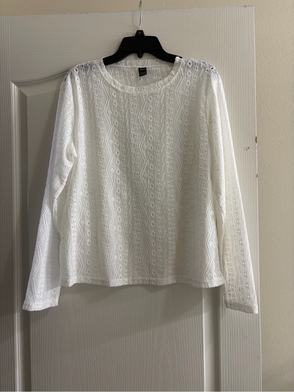 SHEIN White Textured Eyelet Long Sleeve Top